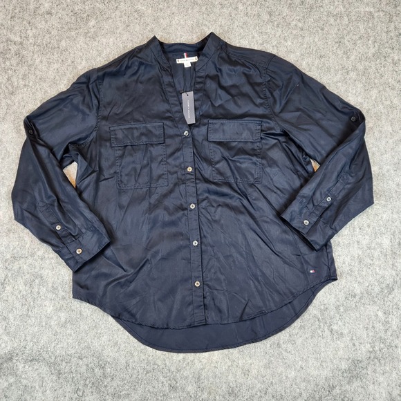 Tommy Hilfiger Tops - NWT Tommy Hilfiger Utility Shirt Women‎ XL Blue Lyocell Roll Tab Blouse Midnight